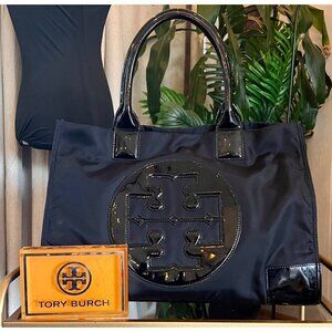 Tory Burch Black Nylon Patent Leather Ella Tote Bag With Signature Logo
